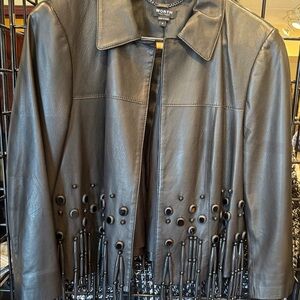 Worth Black Leather Jacket with Eyelet Fringe
